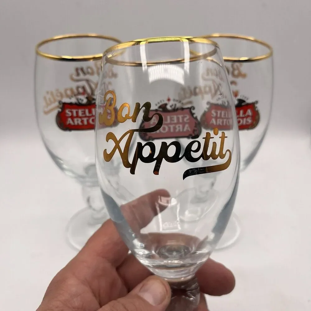 Stella Artois Gold Rim Belgium Chalice .33cl Beer Glasses - Set of 3